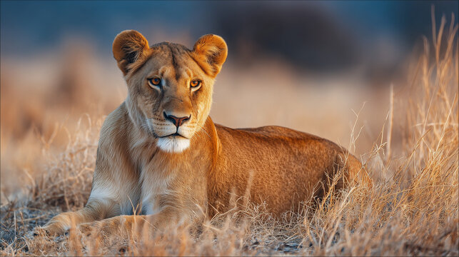 A relaxed lioness resting on the African grassland, showcasing wildlife beauty and natural behavior in its habitat. Ideal for nature or safari themes.