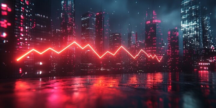 stylized, futuristic cityscape at night with a glowing red line graph overlaid, suitable for websites or blogs about finance, economy, stock market, urban technology, or future trends. - Powered by Adobe