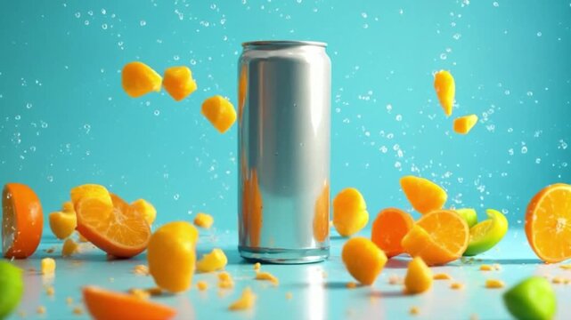 Refreshing drink presentation shows a soda can with citrus fruits splashing around