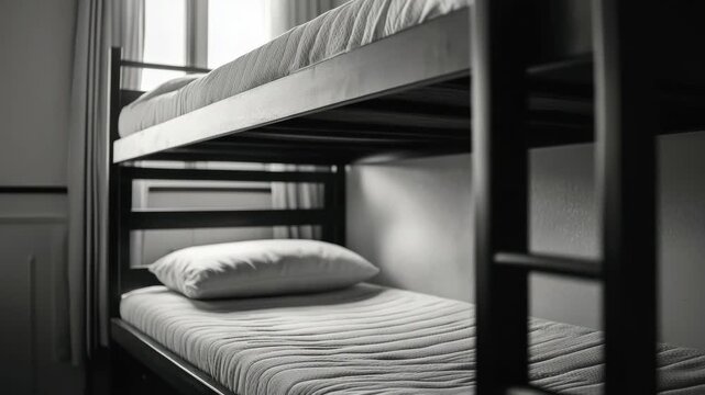 Three bunk beds in room. Dark and moody atmosphere.