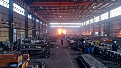 Busy steel factory floor with workers, sparks, and heavy machinery in industrial complex