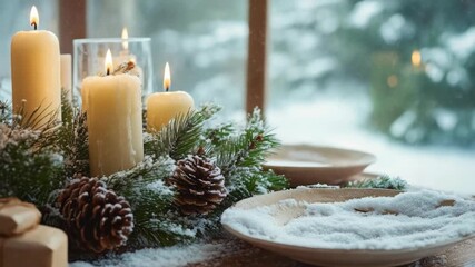Table with candles, snowflakes and pinecones decorated for the holiday season. - Powered by Adobe