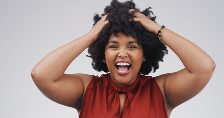 Black woman, surprise and happy with in studio portrait for deal, good news or shock on white...