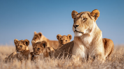 A lioness and her cubs relaxing on the African savannah, basking in the sun and enjoying the calm of the wild grasslands.