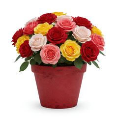 Colorful mixed roses displayed in red ceramic planter container