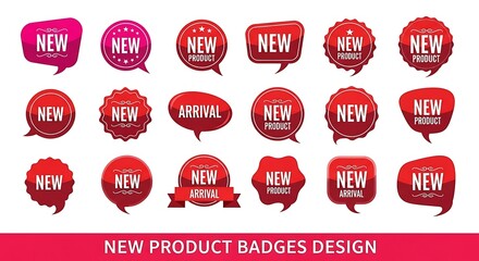Crimson New Product Badges Glossy vector sale labels boasting starburst designs announcing fresh arrivals against a