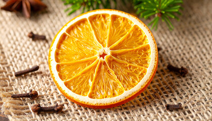 Orange Slice and Spices: A vibrant image showcasing a dehydrated orange slice surrounded by aromatic cloves and a sprig of pine, beautifully arranged on a rustic burlap surface.