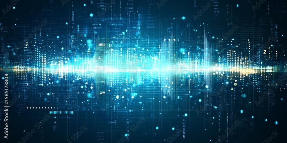 Poster graphical representation of heart rhythm line with glowing effects and clean code background design