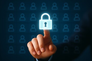 A finger touches a padlock icon, representing data security and privacy protection