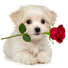 Tiny white puppy dog carrying red rose flower gently