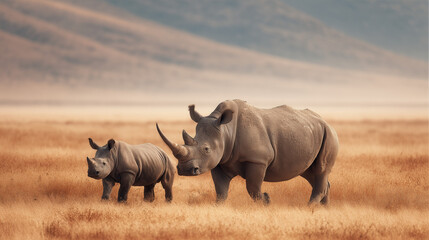 A mother rhinoceros and her calf walking together across the African grasslands under natural daylight, showcasing wildlife and maternal bond.
