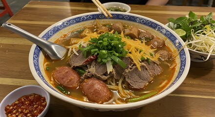 Delicious Vietnamese Bun Bo Hue Beef Noodle Soup, Spicy Broth with Meatballs, Herbs and Noodles