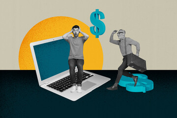 Trendy art creative full zine photo collage of happy girl guy business partners stand laptop device...