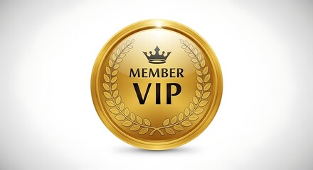 Glimmering gold VIP member coin emblem framed by laurel leaves a symbol of prestigious exclusivity shining subtly on a