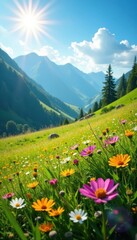 Sun-drenched meadow, wildflowers cascade down gentle slopes, texture, landscape, field