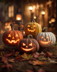 Zbiór dyni w różnych kolorach, wyciętych w fantazyjne i straszne wzory. Kreatywne dekoracje halloweenowe w jesiennym klimacie.

