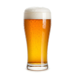 Golden beer with foam head served in clear glass