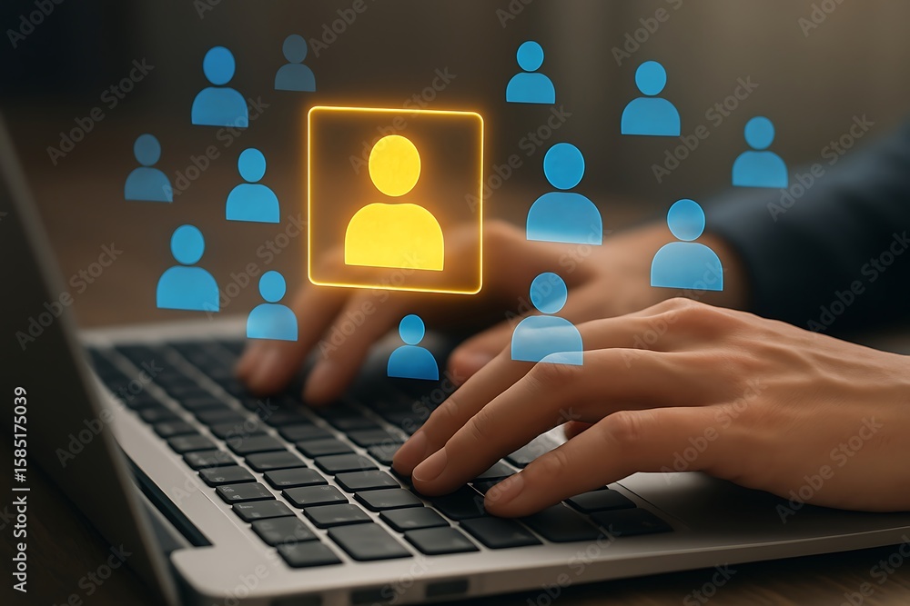 Poster hands typing on a laptop with a glowing network of people and a highlighted user profile