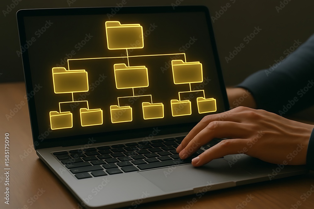 Fototapete hands typing on a laptop displaying a glowing folder hierarchy for data organization