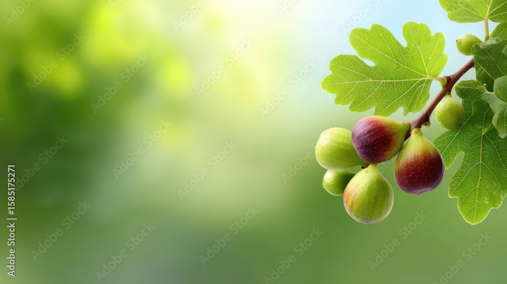 Poster fresh fig tree branch with ripening figs set against a soft verdant background creating a calm natur