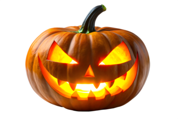 A classic carved halloween pumpkin with a scary face, glowing from within with warm light, isolated on a transparent background
