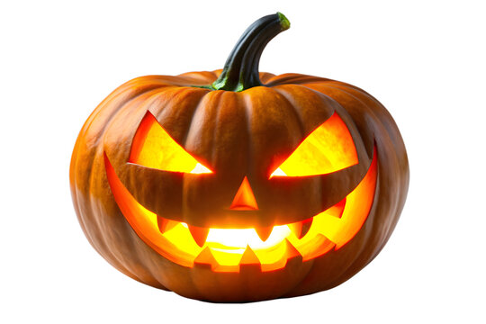 A classic carved halloween pumpkin with a scary face, glowing from within with warm light, isolated on a transparent background