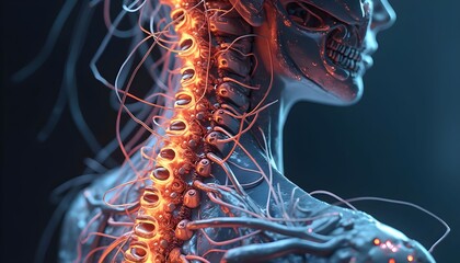 Detailed view of a human spine with glowing nerves and skeletal structure illuminated in a dark environment during a medical illustration Generative AI