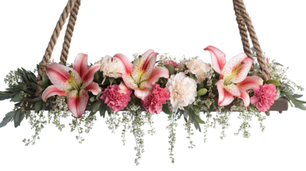 Antique swing flower arrangement with green leaves and beautiful blooming flowers, isolated on a transparent background. PNG