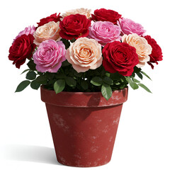 Mixed colorful roses arranged in red ceramic flower container