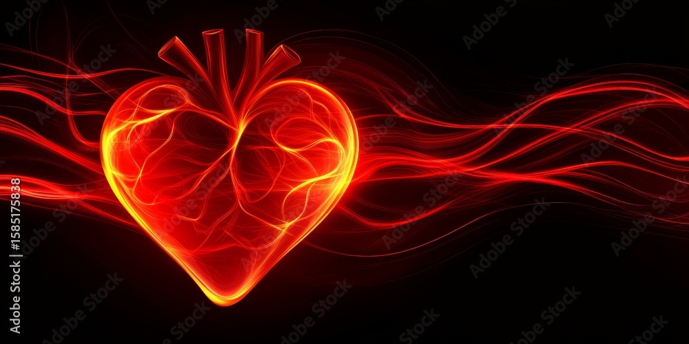 Poster stylized vector illustration of a glowing heart with fiery red waves and geometric design elements