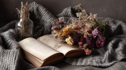 Fototapeta premium Cozy autumn still life: book, dried flowers, knitted fabric. Perfect for blogs, websites, and publications.