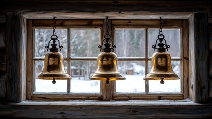 Obraz premium Three antique brass bells hang from a wooden window, framed by rustic, snow-covered, wooden beams. Winter scenery outside