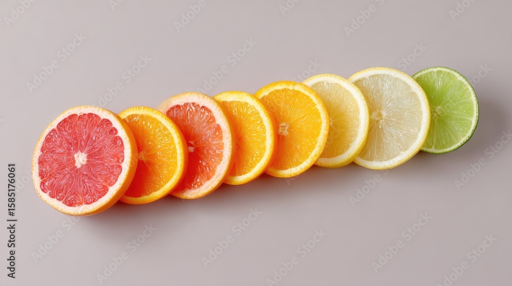 Poster colorful slices of citrus fruits displayed in a row on a soft background for fresh and vibrant food 