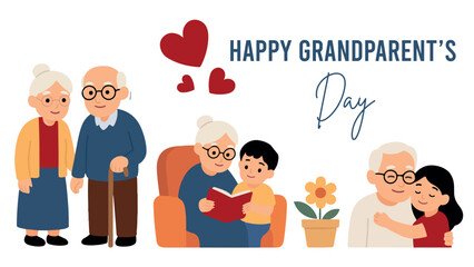 Grandparents Day Illustration Grandfather and Grandmother with Children, Mother and Father, Celebrating Love, Family Bond, and Senior Citizen Appreciation for Holiday Designs