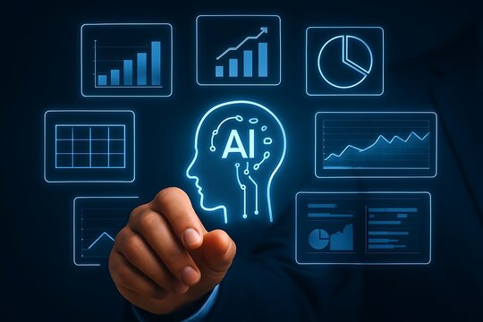 A businessman interacts with a digital interface showcasing artificial intelligence and data analytics
