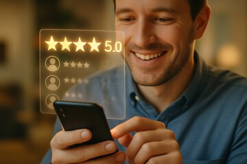 A smiling man is checking a fivestar rating on his smartphone, indicating high customer satisfaction
