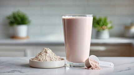 Creamy protein shake in glass with protein powder and scoop on marble countertop in modern kitchen interior