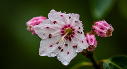 Single Bloom of Mountain Laurel with Dew Drops and Detailed Petals, Studio Effect Macro Photography