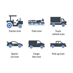 Tractor, Train, Truck vehicle, Sports car, Cargo Van, Pick up, Lorry truck, icon