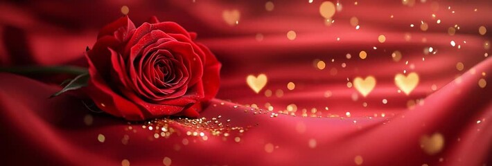 Red velvet and sparkling glitter surround a blooming rose. An ideal image for Valentine's Day, romantic gifts, or luxurious floral promotions.

