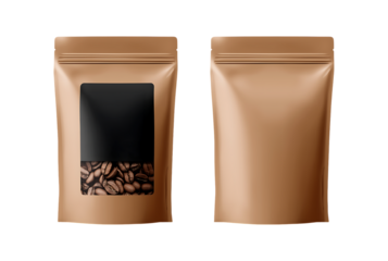 Vector coffee bag packaging template set with a window and black label isolated on a transparent background