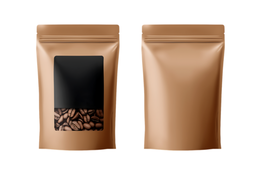 Vector coffee bag packaging template set with a window and black label isolated on a transparent background