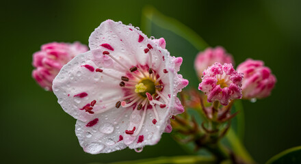 Extreme Close-Up of Pink and White Mountain Laurel Bloom with Morning Dew and Blurred Green Background