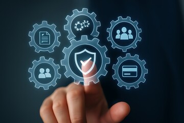 A finger touches a digital interface with security and protection icons