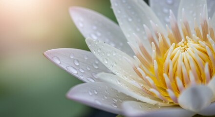 Fototapeta premium Close-Up of a Delicate White Lotus Flower with Water Droplets