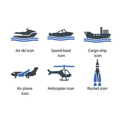 Jet ski, Speed boat, Cargo ship, Air plane, Helicopter, Rocket, icon