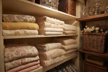 Neatly Arranged Linens in Rustic Storage Shelves with Baskets