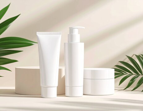 Maqueta de envase cosm&eacute;tico blanco (crema o loci&oacute;n), sobre fondo beige claro, estilo limpio, sombras suaves, ideal para publicidad. Ilustraci&oacute;n