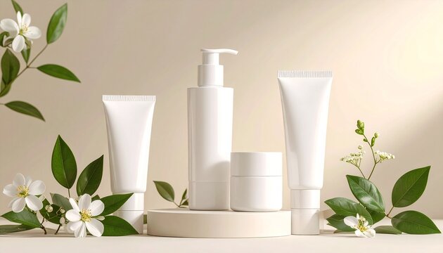 Maqueta de envase cosm&eacute;tico blanco (crema o loci&oacute;n), sobre fondo beige claro, estilo limpio, sombras suaves, ideal para publicidad. Ilustraci&oacute;n