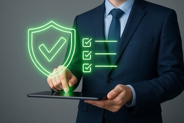 A businessman is using a tablet displaying a digital shield and checklist for security